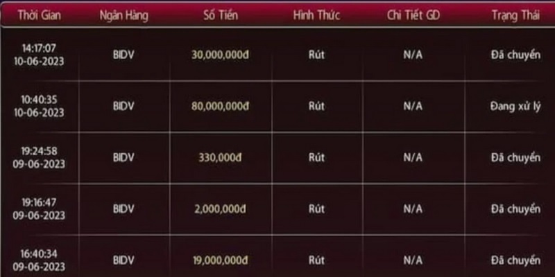Anh em có thể truy cập vào lịch sử giao dịch để tiện theo dõi về việc rút tiền